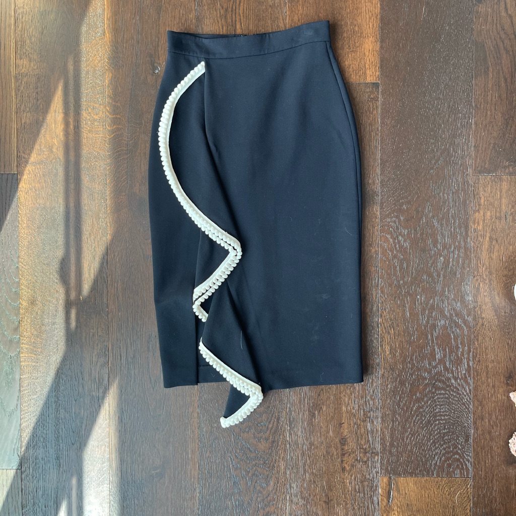Alexis Black Midi Skirt With Pompom Ruffle Trim